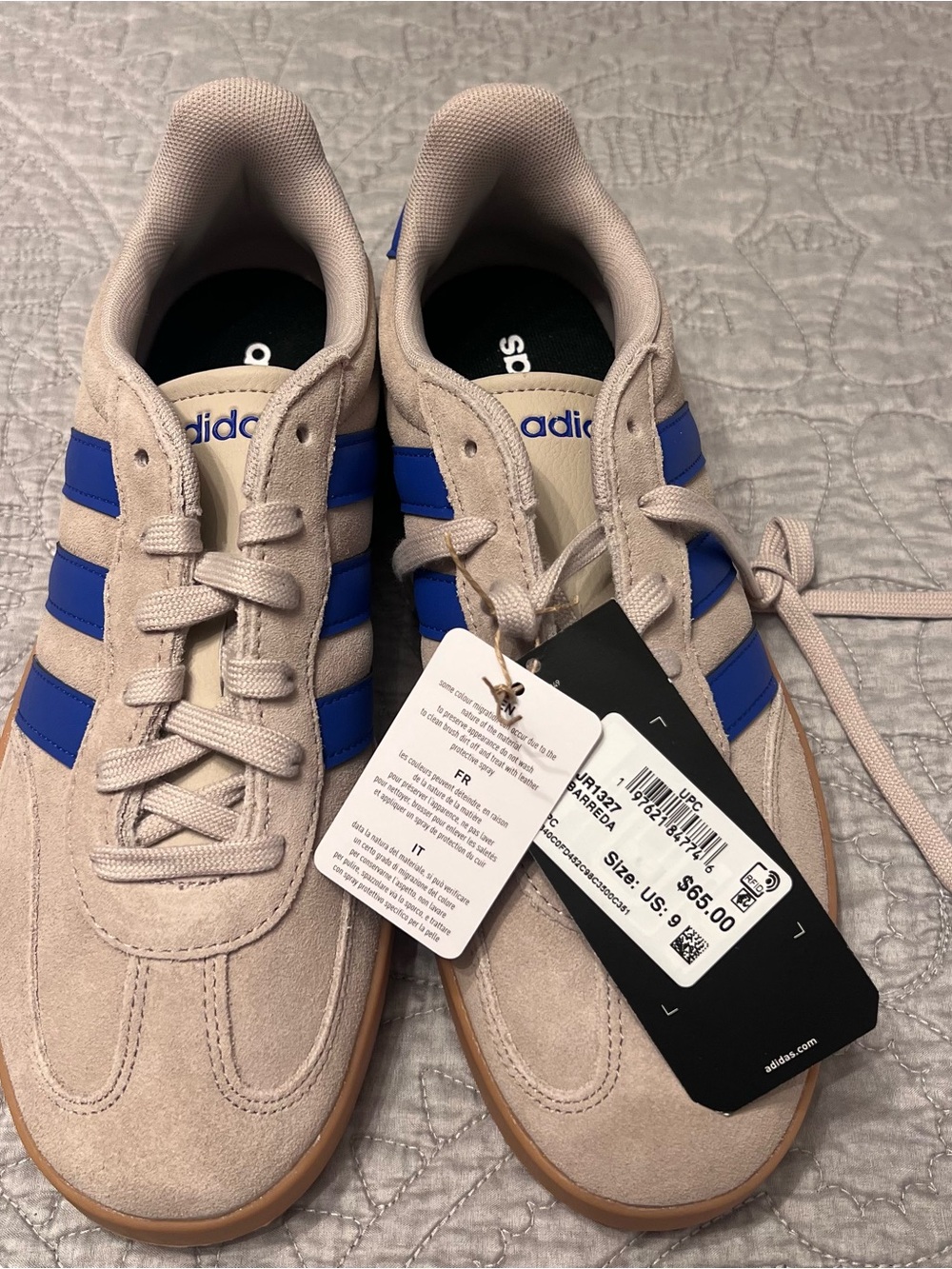 adidas Menโs Beige Suede Sneakers with Blue Stripes
